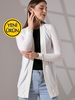 Yaka Ve Kol Bant Detaylı Puantiye Jakarlı Esnek Penye Uzun & Hırka