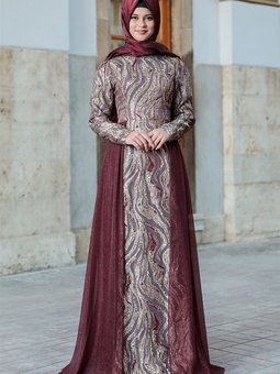 Bordo Simli Abiye Elbise