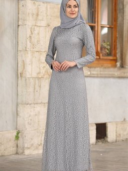 Gri Dantel Abiye Elbise