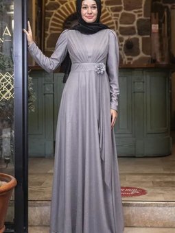Gri Mara Simli Abiye Elbise