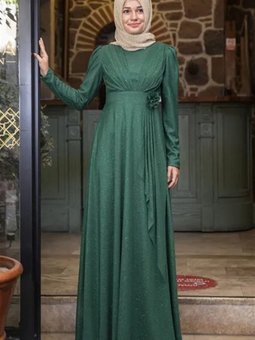 Zümrüt Yeşili Mara Simli Abiye Elbise