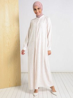 Doğal Kumaşlı İnci Detaylı Çizgili Ferace Pembe