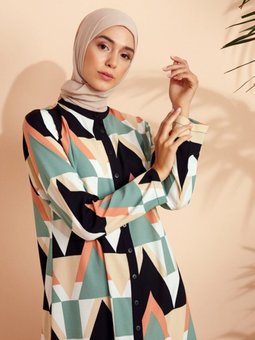 Küf Yeşili Asimetrik Kesim Desenli Tunik