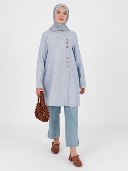 Naturel Kumaş Düğme Detaylı Çizgili İndigo Tunik