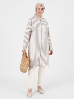 Yanları Yırtmaçlı Çizgili Tunik Vizon