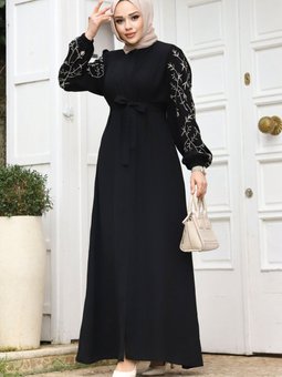 Büyük Beden Kolu Nakış İşlemeli Ferace Tsd240120 Siyah