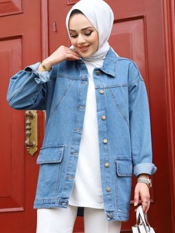 Cebi Kapaklı Düğmeli Kot Ceket Tsd240224 Açık Mavi