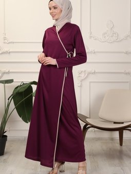 Mürdüm Kruvaze Yaka Biyeli Esnek Interlok Kumaş Namaz Elbisesi Ferace