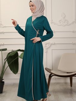 Zümrüt Yeşili Kruvaze Yaka Biyeli Esnek Interlok Kumaş Namaz Elbisesi Ferace