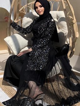 Kadın Siyah (siyah Gümüş) Pul Payetli Abaya T 6737