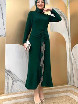 Yeşil (zümrüt) Zincir Detaylı Volanlı Abiye Elbise T 0183