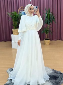 Hennin 4672 Organze Kumaş Pelerinli Abiye Elbise