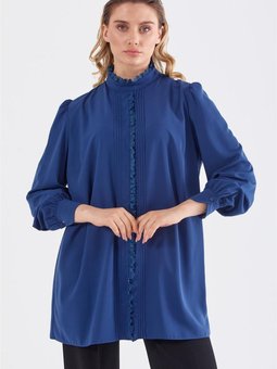 İnce Nervürlü Şerit Güpürlü İndigo Bluz