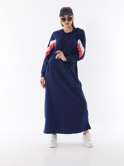 Lacivert Kapüşonlu Tam Boy Uzun Spor Elbise