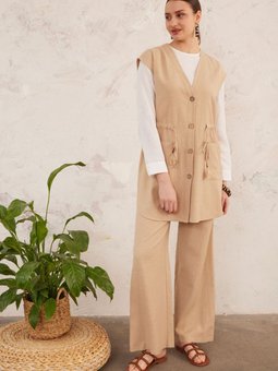 Belden Bağcıklı Keten Yelek