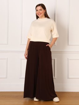 Büyük Beden Beli Lastikli Cepli Kahverengi Pantolon