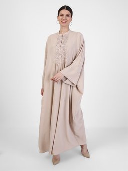 Büyük Beden Salaş Boncuk Detaylı Bej Abiye Elbise