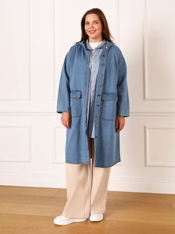 Mavi Büyük Beden Kapüşon Detaylı Denim Kap / Pardesü
