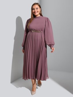 Zincir Kemer/ Plise Detaylı Büyük Beden Şifon Vintage Mor Abiye Elbise