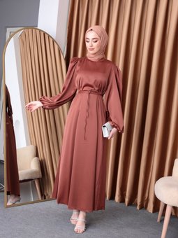 Balon Kol Saten Oversize Biye Kuşaklı Elbise