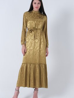 Fıstık Yakası Ve Kolları Taşlı Kuşaklı Abiye Elbise