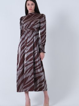 Kahve Desenli Kuşak Bağlamalı Elbise
