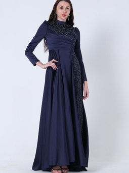 Lacivert Taş İşlemeli Hakim Yaka Saten Abiye Elbise