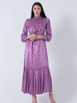 Lavanta Yakası Ve Kolları Taşlı Kuşaklı Abiye Elbise