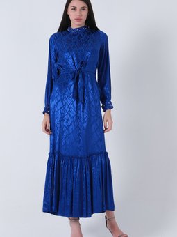 Saks Mavisi Yakası Ve Kolları Taşlı Kuşaklı Abiye Elbise