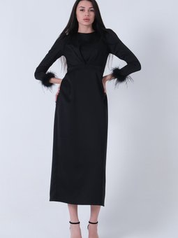 Siyah Kol Ucu Tüylü Abiye Elbise
