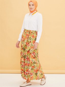 Fırfır Detaylı Kemerli Baskılı Etek 22y1221 Yeşil