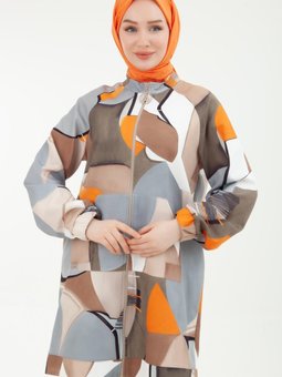 Armine Trend Kolları Lastikli Dijital Baskılı Fermuarlı Tunik Bej 24yt532