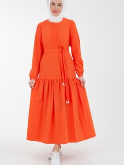 Trend Kolları Lastikli Eteği Büzgü Detaylı Elbise Oranj 23yt928