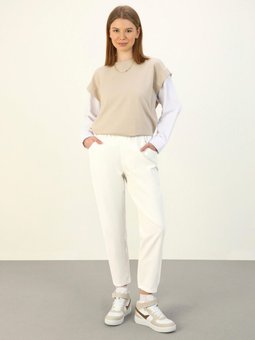 Beli Lastikli Rahat Havuç Denim Pantolon Beyaz
