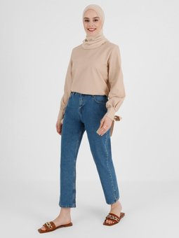 Yırtmaç Detaylı Straight Kot Pantolon İndigo