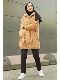 Fermuarlı Peluş Vizon Hırka
