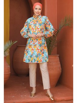 Renkli Çiçek Desenli Mint Gömlek