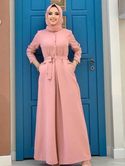 Göğüs Kısmı Gizli Düğme Detaylı Bel Kuşaklı Tulum 3676 Pudra