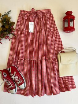 Kırmızı Beyaz Pötikare Kat Kat Etek