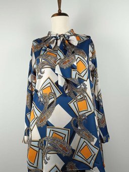 Büyük Beden Desenli Bluz İndigo T1680