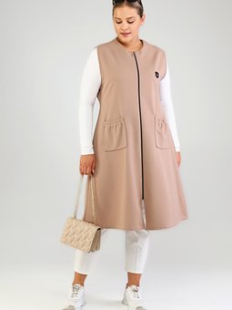 Kadin Buyuk Beden Battal Tesettur Uzun Kolsuz Fermuarli Yelek Vizon