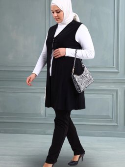 Kadin Tesettur Likralı Düğmeli Uzun Anne Yelek Siyah