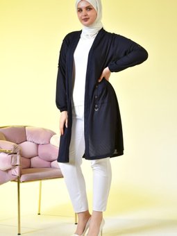 Kadin Tesettur Petek Kumas Uzun Hırka Kolları Dugmeli Lacivert