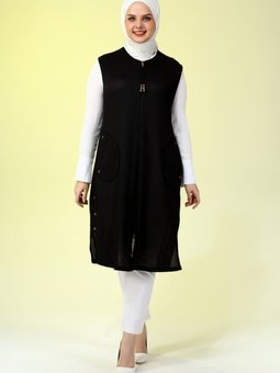 Kadin Uzun Buyuk Beden Tesettur Petek Kumas Cepli Fermuarli Yazlik Yelek Siyah