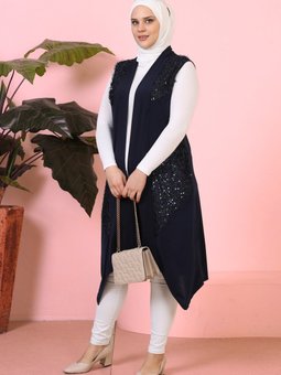 Tesettur Siyah Kadin Buyuk Beden Yelek Pulpayetli Lacivert