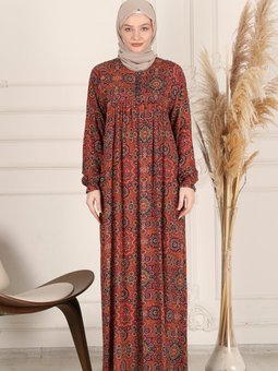 Büzgü Robadan Önü Düğmeli Viskon Kumaş Tessetür Giyim Anne Namaz Elbisesi