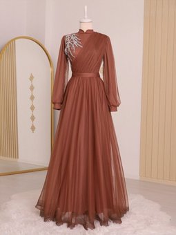 Önü Taş Detaylı Drapeli Kemerli Tül Abiye Elbise