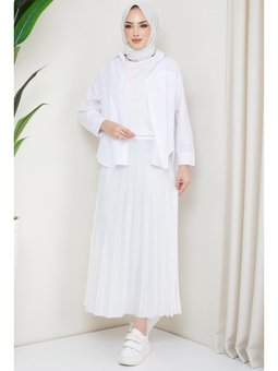 Beli Lastikli Deri Görünümlü Piliseli Beyaz Etek