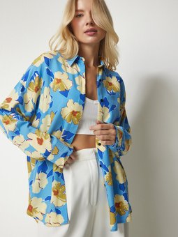 Mavi Sarı Desenli Oversize Dökümlü Viskon Gömlek Dx00011