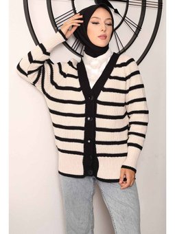 Bej Çizgili Triko Hırka